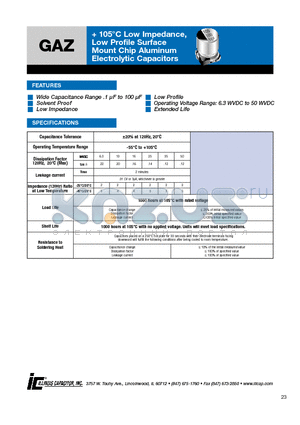 107GAZ010M datasheet - 105`C Low Impedance, Low Profile Surface Mount Chip Aluminum Electrolytic Capacitors