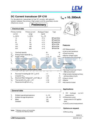 DF-C10 datasheet - DC Current transducer DF-C10