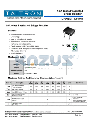 DF005M datasheet - 1.0A Glass Passivated Bridge Rectifier