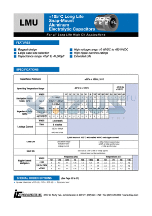 107LMU450M2BF datasheet - 105`C Long Life Snap-Mount Aluminum Electrolytic Capacitors
