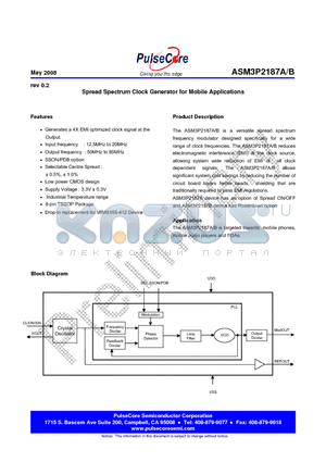 ASM3P2187BG-08TT datasheet - Spread Spectrum Clock Generator for Mobile Applications