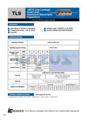 107TLS010M datasheet - 85`C Low Leakage Axial Lead Aluminum Electrolytic Capacitors