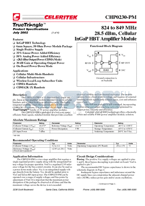 CHP0230-PM-0000 datasheet - 824 to 849 MHz 28.5 dBm, Cellular InGaP HBT Amplifier Module