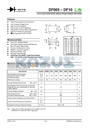 DF08 datasheet - 1.0A GLASS PASSIVATED SINGLE-PHASE BRIDGE RECTIFIER