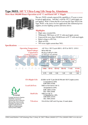 381EL101M450H052 datasheet - Ultra-Long Life Snap-In, Aluminum