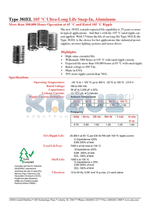 381EL151M315H032 datasheet - 105 C Ultra-Long Life Snap-In, Aluminum