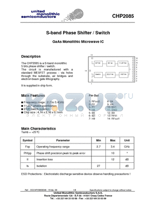 CHP2085 datasheet - S-band Phase Shifter / Switch