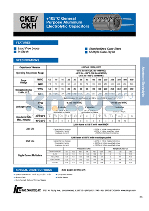 108CKE025M datasheet - 105`C General Purpose Aluminum Electrolytic Capacitors