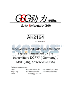 AK2124 datasheet - Receiver/Demodulator for time code signals transmitted by the transmitters