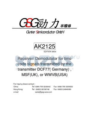 AK2125 datasheet - Receiver/ Demodulator for time code signals transmitted by the transmitter DCF77( Germany) ,MSF(UK), or WWVB(USA)