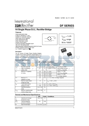 DF10M datasheet - 1A Single Phase D.I.L. Rectifier Bridge (1.0A, from 50 to 1000V)
