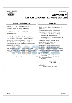 AK2303LV datasheet - Dual PCM CODEC for PBX Analog Line Card