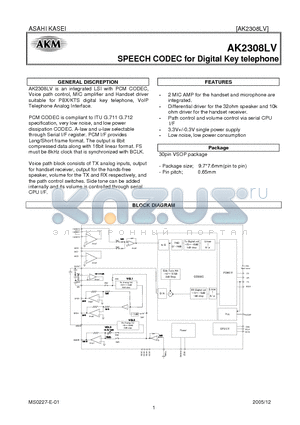 AK2308LV datasheet - SPEECH CODEC for Digital Key telephone