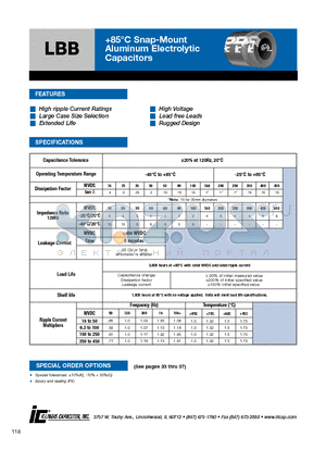 108LBB100M2CC datasheet - 85`C Snap-Mount Aluminum Electrolytic Capacitors