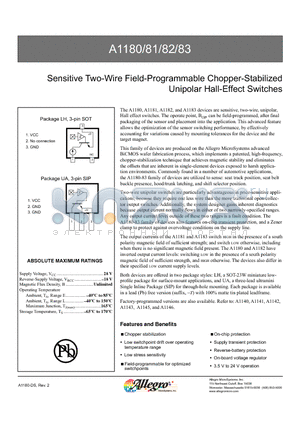 A1180LLHLT datasheet - Sensitive Two-Wire Field-Programmable Chopper-Stabilized Unipolar Hall-Effect Switches