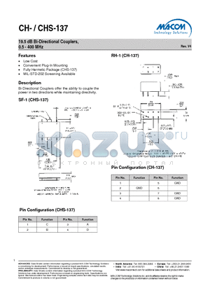 CHS-137 datasheet - 19.5 dB Bi-Directional Couplers, 0.5 - 400 MHz