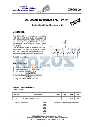 CHS5100-99F/00 datasheet - DC-20GHz Reflective SPDT Switch