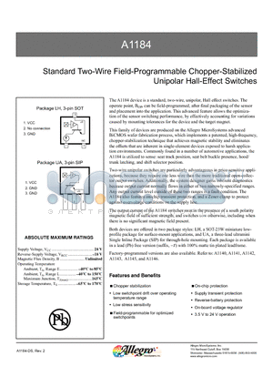 A1184LLHLT datasheet - Standard Two-Wire Field-Programmable Chopper-Stabilized Unipolar Hall-Effect Switches