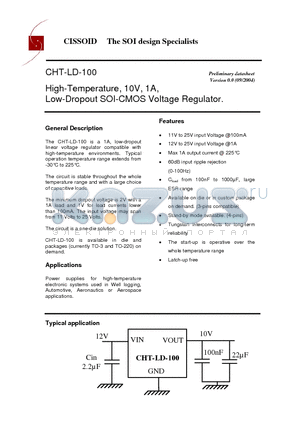 CHT-LD-100 datasheet - High-Temperature, 10V, 1A, Low-Dropout SOI-CMOS Voltage Regulator