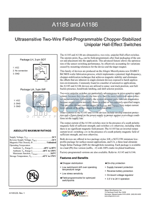 A1185ELHLT datasheet - Ultrasensitive Two-Wire Field-Programmable Chopper-Stabilized Unipolar Hall-Effect Switches