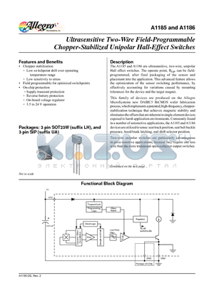 A1185ELHLT-T datasheet - Ultrasensitive Two-Wire Field-Programmable Chopper-Stabilized Unipolar Hall-Effect Switches