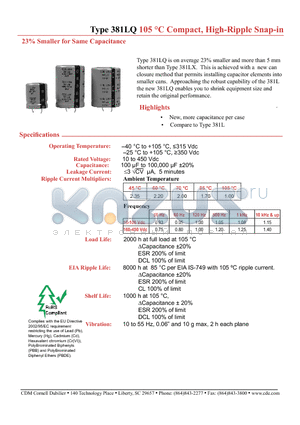 381LQ datasheet - Compact, High-Ripple Snap-in Smaller for Same Capacitance
