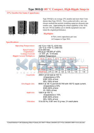 381LQ182M160K042 datasheet - 105 C Compact, High-Ripple Snap-in