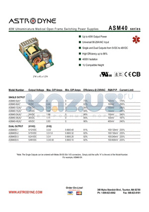 ASM40D-5 datasheet - 40W Ultraminiature Medical Open Frame Switching Power Supplies