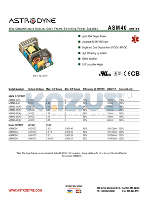 ASM40-5 datasheet - 40W Ultraminiature Medical Open Frame Switching Power Supplies