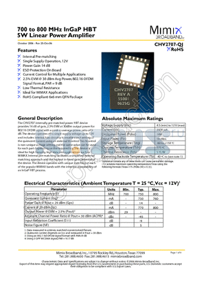 CHV2707-QJ datasheet - 700 to 800 MHz InGaP HBT 5W Linear Power Amplifier