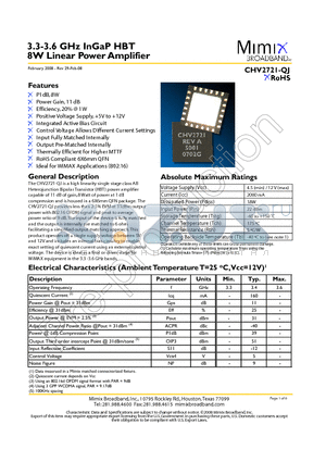 CHV2721-QJ-0G0T datasheet - 3.3-3.6 GHz InGaP HBT 8W Linear Power Amplifier