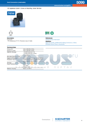 5099 datasheet - IEC Appliance Outlet H, Screw-on Mounting, Solder Terminal