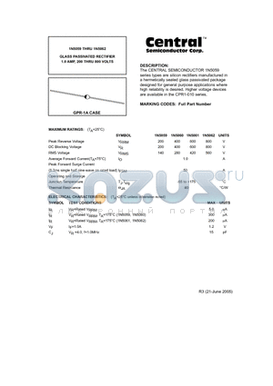 1N5061 datasheet - GLASS PASSIVATED RECTIFIER 1.0 AMP, 200 THRU 800 VOLTS