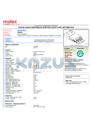 015-47-4211 datasheet - 2.54mm (.100) C-Grid SL Single Row, Female, Version C Receptacle, 21 Circuits