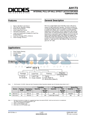 AH173-WG-A-B datasheet - INTERNAL PULL-UP HALL EFFECT LATCH FOR HIGH TEMPERATURE