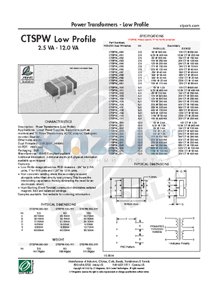 CTSPW-055 datasheet - Power Transformers - Low Profile
