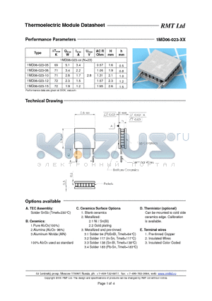 1MD06023 datasheet - 1MD03 thermoelectric coolers are specially developed for cooled TOSA applications with strict operating current limits and low power consumption.
