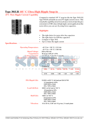 381LR datasheet - Ultra-High-Ripple Snap-in More Ripple Current Capability