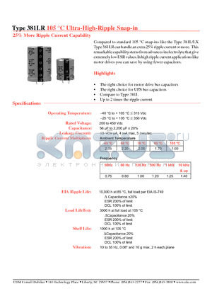 381LR101M420J012 datasheet - Ultra-High-Ripple Snap-in More Ripple Current Capability