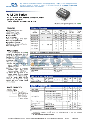 A1212LT-2W datasheet - FIXED INPUT ISOLATED & UNREGULATED 2W DUAL OUTPUT UTRALMINIATURE SMD PACKAGE