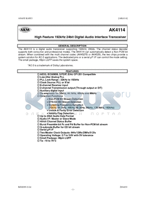 AK4114VQ datasheet - HIGH FEATURE 192KHZ 24BIT DIGITAL AUDIO INTERFACE TRANSCEIVER