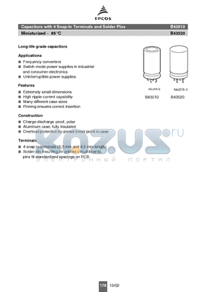 B43510A3687M000 datasheet - Capacitors with 4 Snap-In Terminals and Solder Pins