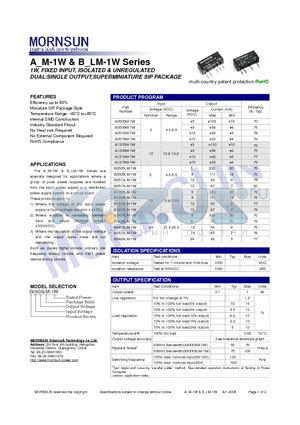 A1215M-1W datasheet - DUAL/SINGLE OUTPUT,SUPERMINIATURE SIP PACKAGE