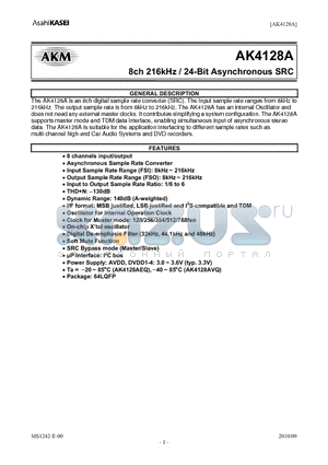 AK4128AVQ datasheet - 8ch 216kHz / 24-Bit Asynchronous SRC