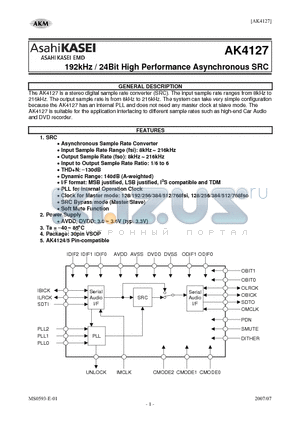 AK4127 datasheet - 192kHz / 24Bit High Performance Asynchronous SRC