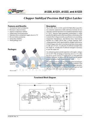 A1221 datasheet - The A1220, A1221, A1222, and A1223 Hall-effect sensor ICs are extremely temperature-stable and stress-resistant devices especially suited for operation over extended temperature ranges to 150`C.