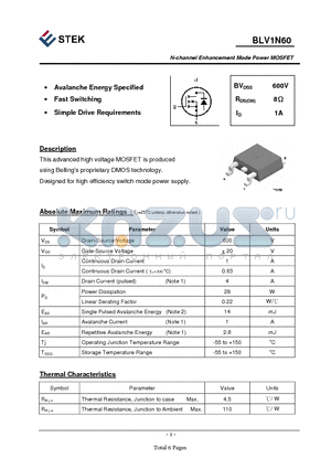 BLV1N60 datasheet - N-channel Enhancement Mode Power MOSFET