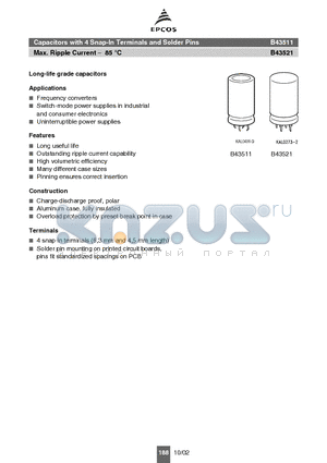 B43511A0188M000 datasheet - Capacitors with 4 Snap-In Terminals and Solder Pins