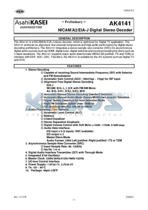 AK4141 datasheet - NICAM/A2/EIA-J Digital Stereo Decoder