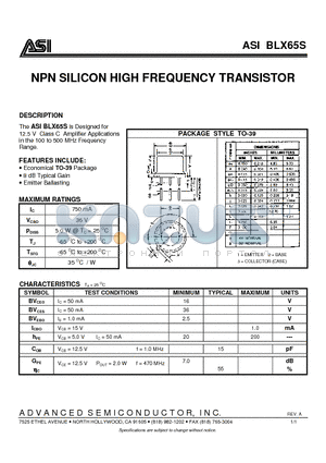 BLX65S datasheet - NPN SILICON HIGH FREQUENCY TRANSISTOR